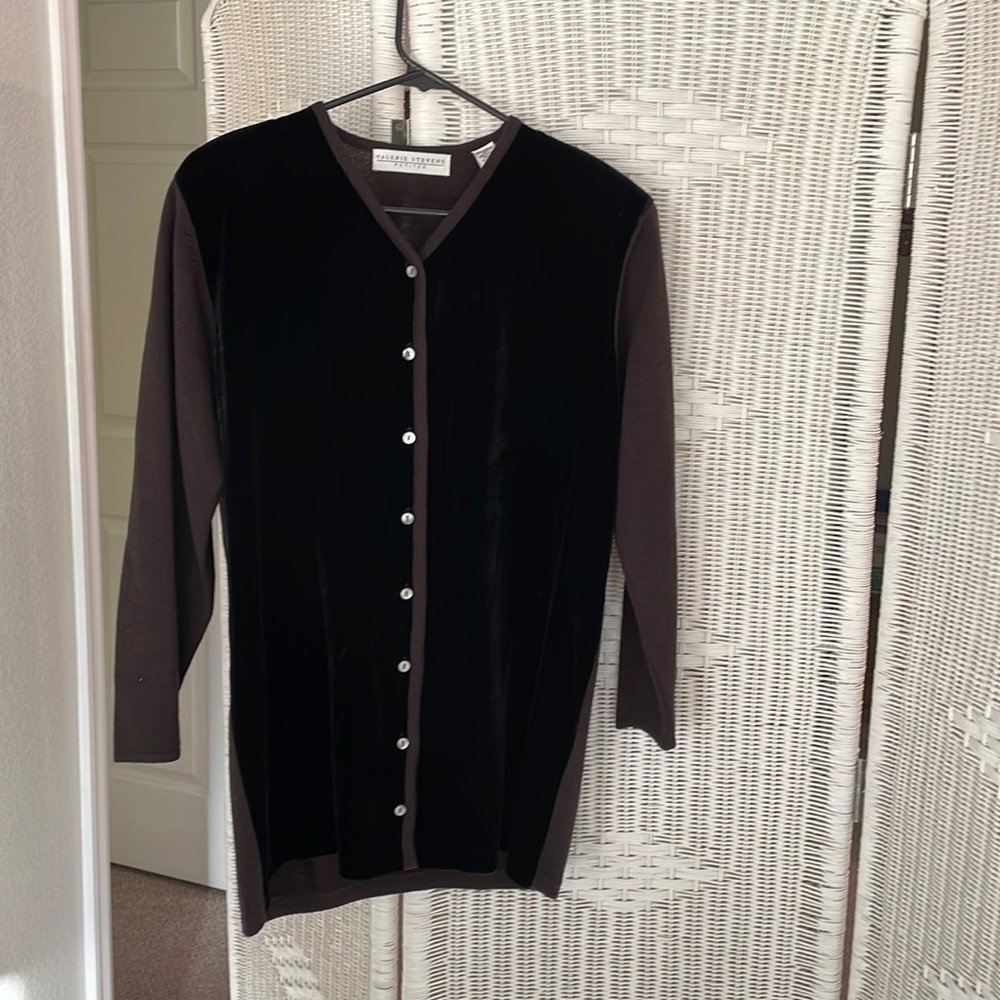 Brown and black tunic sweater with velvet-look front